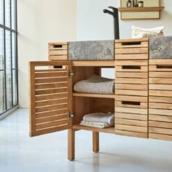 Slats Solid Teak And Marble Bathroom Cabinet 150 Cm Ref. 2591 -TIKAMOON Sales 1200 1200 slats solid teak and marble bathroom cabinet 150 cm 2